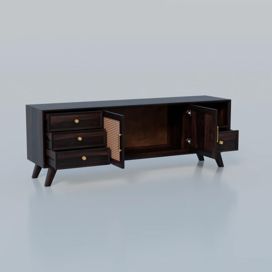 Image of Premium Solid Wood, 10 Minutes Assembly (Legs Only), Aesthetic Rattan Doors, Mid Century Entertainment Center for Living Room, TV Stand for 65 inch TV, Dark Chocolate (Walnut TK-27)
