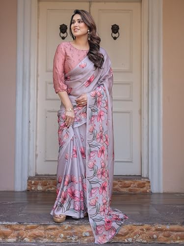 Image of ALMAARI FASHION Women's Floral Printed Georgette Satin Saree with Unstitched Blouse Piece | Traditional Ethnic Wear Sarees | Soft Lightweight Ethnic Office Wear Daily Wear Indian Sari (SG 161-170 H)