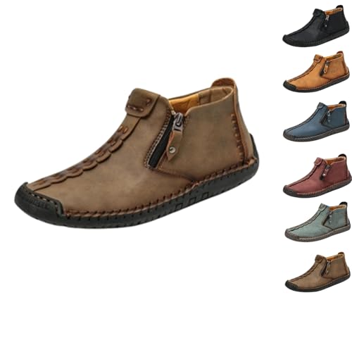Phanile Mens Shoes,Men's Outdoor Comfy Arch Support Waterproof Walking Shoes,Handmade Casual Loafers,Side Zipper Loafers (Kahki - Fleece-Lined Style,10)