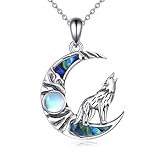 POPLYKE Moon Wolf Moonstone Necklace 925 Sterling Silver Wolf Moon Necklace Abalone Moonstone Pendant Aninal Jewelry for Women Men