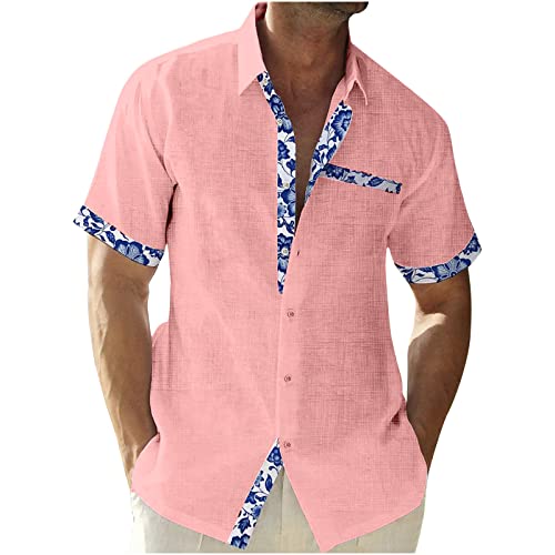 Men's Button Down Shirts Cotton Linen Short Sleeve T Shirt Casual Fashion Floral Hawaiian Patchwork Printed Top