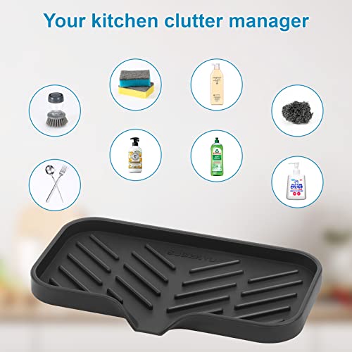 Image of SUBEKYU Silicone Kitchen Soap Tray, Sink Tray for Kitchen Counter /Soap Bottles, Sponge Holder and Organizer with Drain Spout, Black, [Size: 9.5 x 5 inch]