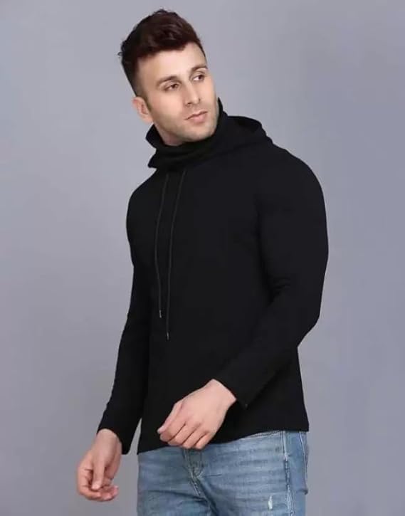 Image of Cotton Solid Men Hooded Neck with Mask Sweatshirt Full Sleeves Hoodie /Sweatshirt for Men (Black) - Pack of 1 || BZ2