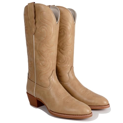 Western Cowboy Boots for Women, Cowgirl Vintage Mid Calf Embroidered Pointed Toe Faux Leather Chunky Heel Pull on Classic Ladies Boot3