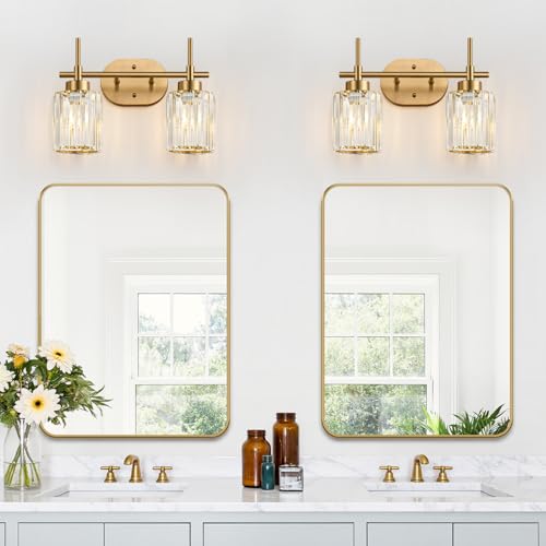 Image of Modern Crystal Bathroom Vanity Light, 2-Light Brushed Gold Bathroom Light Fixtures with Clear Shades, Vanity Lighting Fixtures Over Mirror (Exclude Bulb)