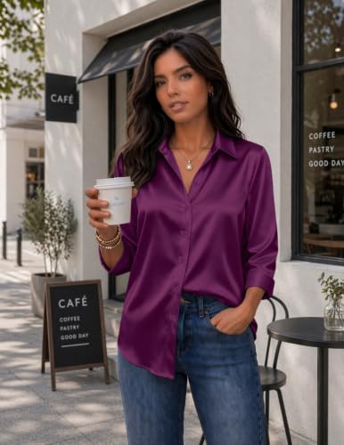 Image of Zeagoo Womens Satin Blouses Button Down Shirts 3 /4 Sleeve Dressy Tops S-2XL