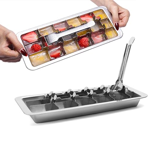 GHAHILI Stainless Steel Ice Cube Trays, Metal Ice Cube Trays for Freezer Vintage Inspired Design with Release Lever Remove Handle for Making Large Cubes Kitchen & Bar (One Silver)