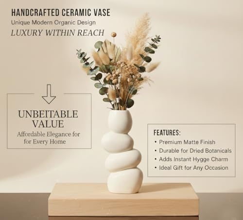 Image of Ceramic Stone Vase for Home Decor Ceramic Vase for Pampas Grass, Abstract Bubble Stacked Pebble Design, Minimalist Ceramic Vases for Flowers (White Pebble)