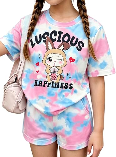 Image of Girls Clothes 2PCS Butterfly Print Short Sleeve T-Shirt + Shorts Set Teen Tween Girls Summer Outfits Set
