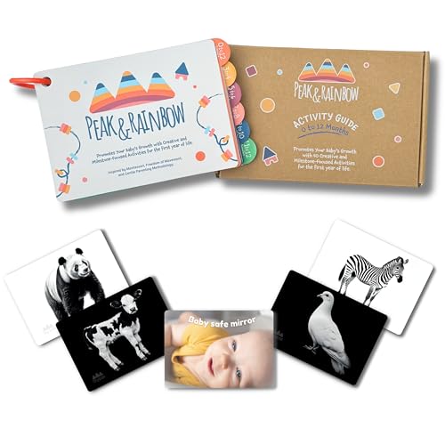 Image of Montessori Baby Activity Cards 0-12 Months | 40+ Creative Playtime Activities to Stimulate Development for Babies| Includes High Contrast Cards and Tummy Time Mirror| Baby Must Haves| New Parent Gift