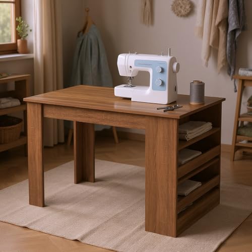 FurnitureR Nähtisch mit Regal, multifunktionaler Arbeitstisch für Handarbeit, 110x70x75 cm, Holzoptik, stabil und praktisch