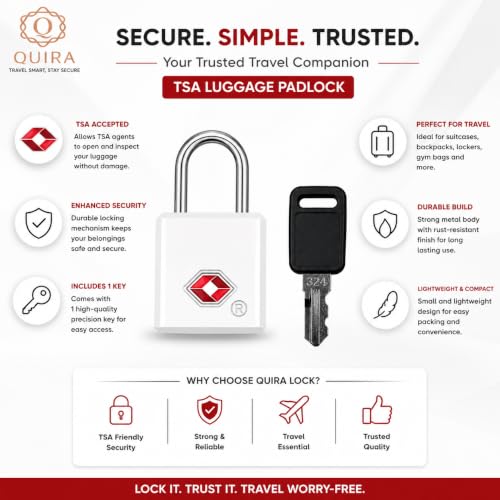 Image of QUIRA TSA Approved Travel Padlock with Key, Luggage Lock for Suitcase, Backpack, Locker & Travel Bags, Heavy Duty Security Lock (White)
