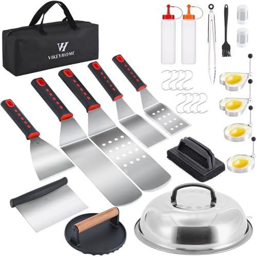 VIKEYHOME Griddle Accessories Kit, 28 Pcs Flat Top Grill Accessories Set for Blackstone, Professional Grill BBQ Spatula Set with Basting Cover, Spatula, Scraper, Bottle, Tongs, Egg Ring