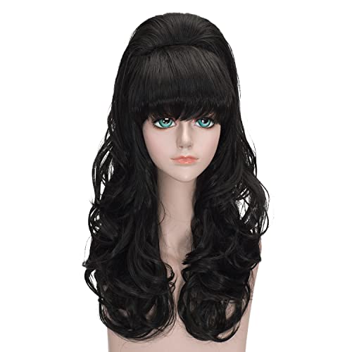 Probeauty Black Bouffant Beehive Wig, Long Black Curly Wave 70s 80s Vintage Party Wig for Halloween Costume