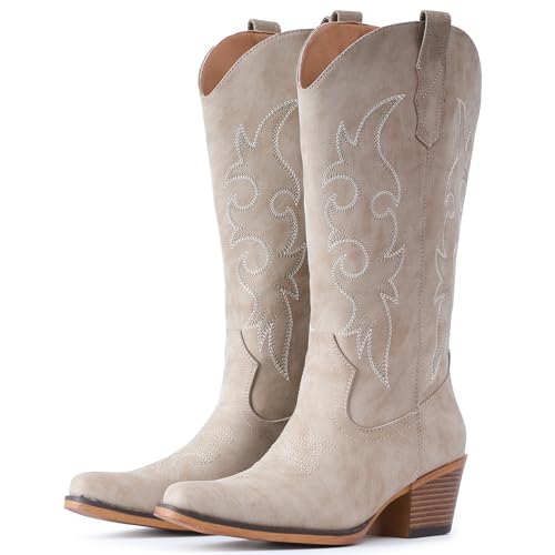 Image of IUV Cowboy Boots For Women Western Cowgirl Boots Mid Calf Snip Toe Boot With Chunky Heel