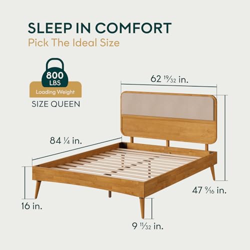 Image of Bme Calista Queen Size Bed Frame - Solid Wood Platform Bed with Upholstered Headboard, Teak Brown Finish, Mid-Century Modern Style with Sturdy Slats & Tapered Legs, No Box Spring Needed