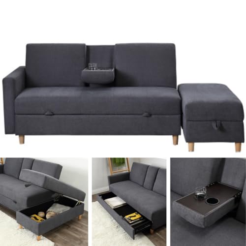 ソファ 収納付き 2人掛け 3人掛けソファベッド 多機能ソファベッド 収納機能 引き出し 幅129cm×奥行き74cm ドリンクホルダー オットマン リネン おしゃれ 不織布 コーナーソファー コーナー (ダークグレー)