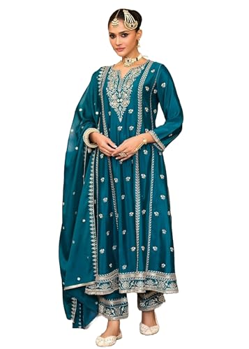 Costume indien bleu Simar en tissu brodé élégant pour femme XL