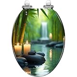 Dekorativer länglicher WC-Sitz aus Kunstharz, glatte Bambus-Steine, Wasserfall-Schnellverschluss-Scharniere, leicht zu reinigen und zu installieren, Spa-Zen-Stil.