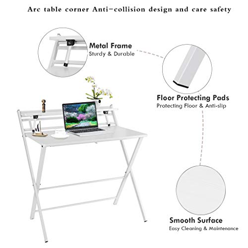 Folding Study Desk, Folding Laptop Table Home Corner Desks Simple Computer Desk with Shelf for Small Space Home Office (White2) - Thumbnail 3