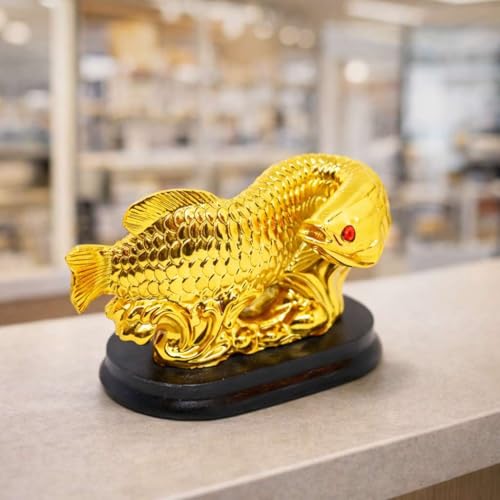 Image of Feng Shui Golden Arowana Fish Looking Back Idol for Money Collection & Career Luck | Vastu Wealth Symbol Showpiece for Office, Shop, Study Table & Home Decor | Gold Finish with Red Eye