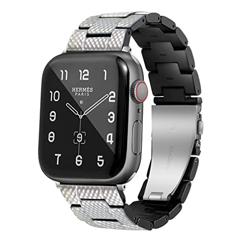 HOPO Compatible With Apple Watch Band Series 8 Series 7 Series SE Series 6 5 4 3 2 1 Thin Light Resin Strap Bracelet With Stainless Steel Buckle Replacement For iWatch (Plaid White/Silver,38/40/41mm)