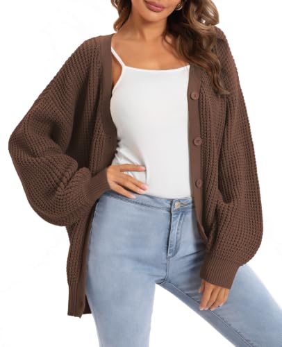 Image of QUALFORT Women's Oversized 100% Cotton Cardigan Sweater | Long Sleeve V Neck Button Down Open Front Knit Outerwear