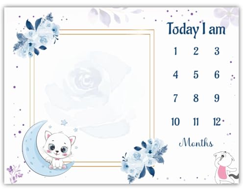Image of Baby Monthly Milestone Blanket | 1-12 Months | Soft All-Season AC Blanket | Ideal for Newborn Boys & Girls | Perfect Growth Tracker & Photoshoot Prop with Moonlight Cat | 120x90 cm