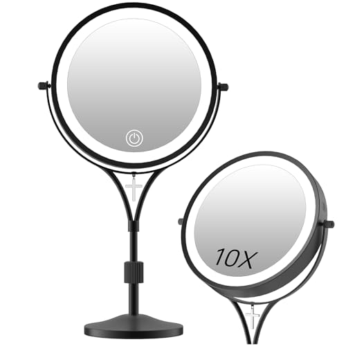 Espejo de maquillaje iluminado con aumento 1x/10x, negro