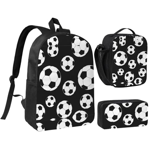 Soccer Black print Shoulder Bookbags Lunch Bag and Pen Case 17 inches Backpack with Lunch Box, Cute Bookbag Set