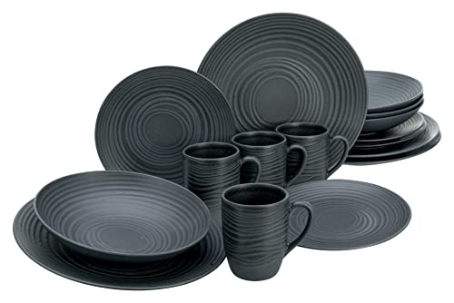CreaTable, 20538, Serie Lava Stone black, 16-teiliges Geschirrset, Kombiservice aus Steinzeug, spülmaschinen- und mikrowellengeeignet, Made in Portugal