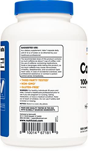 Nutricost Caffeine Pills 100Mg, 500 Capsules #TOP21