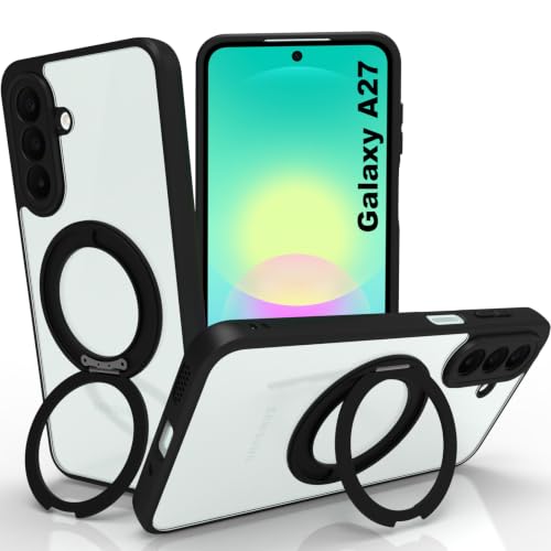 Image of RIGGEAR Shockproof Sleek Hybrid Armor 360 Rotating Magnetic Ring Stand Back Cover Case Compatible with MagSafe Accessories for Samsung Galaxy A27 5G (Clear PC + Black TPU Bumper)