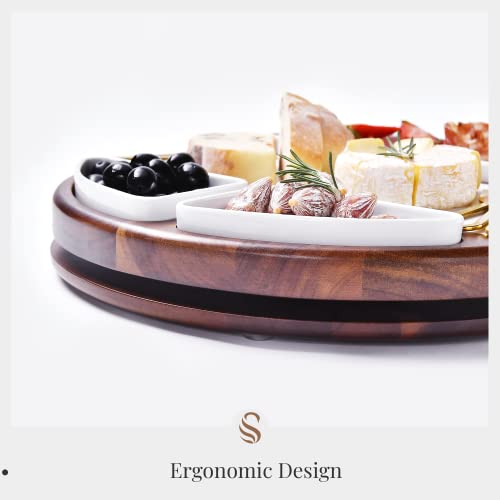 Shanik Upgraded Lazy Susan Marble Cheese Cutting Board Set, Round Acacia Charcuterie Board, Cheese Serving Platter With 4 Ceramic Bowls And Craft - Gift For Any Occasion (Without Engraving) #TOP6