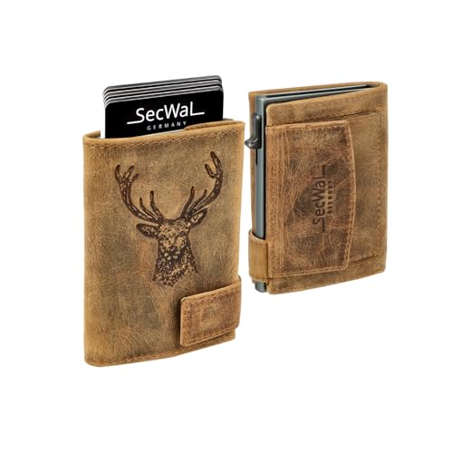 SecWal Kartenetui Prägung Hirsch mit Münzfach Druckknopf inkl. Geschenkbox - Echtleder Mini Geldbörse für Damen und Herren - RFID Schutz Portemonnaie Leder - Geldbeutel Motiv Prägung Hirsch