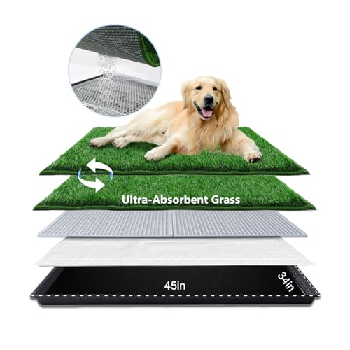 Image of HQ4US 4LEGS Dog Grass Pad with Tray Extra Large 45 inchx34 inch, Dog Litter Box with Odor Free Artificial Grass Pee Pads for Dogs Potty Tray with Hemmed Edge, Realistic for Indoor Balcony