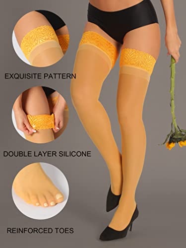 Image of HONENNA Sheer Thigh High Stockings, 17+ Colors Stay Up Lace Top with Anti-Slip Silicone for Women