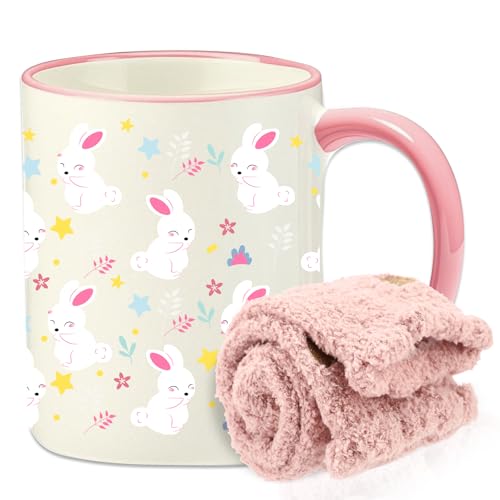 DHQH Bunny Gifts for Women, Lovely Easter Rabbits Carrots Ceramic Coffee Mug Set with Socks, Birthday Christmas Gifts for Bunny Lovers Mom Sister Teacher