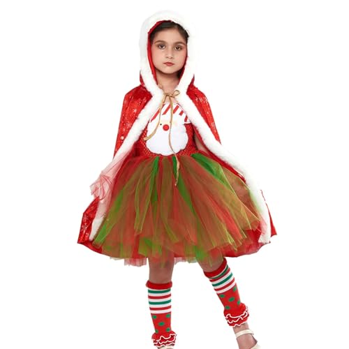Xistuoz Vestido de tutú de Papá Noel para niñas, vestido de tul sin mangas con capa calentador de piernas, disfraz elegante, traje de graduación para niñas de 2 a 12 años