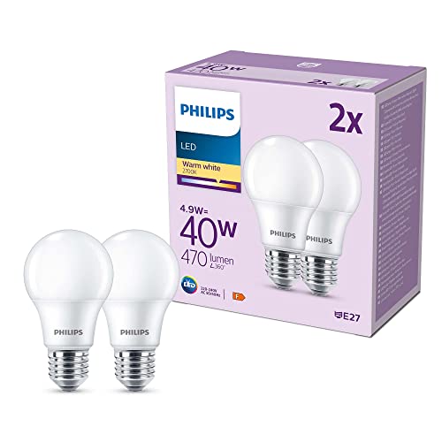 Philips LED E27, confezione da 2 lampadine, equivalente a 40 W, lampadine LED smerigliate, Plastica, Luce Bianca Calda 2700K, LED a risparmio energetico con lunga durata