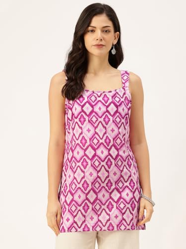 Image of feranoid Women's Printed Sleeveless Short Kurti with Stylish Neck, Backless Design & Side Slits (XS-XL)