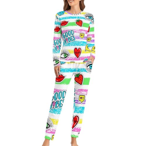 Pyjama femme t-shirt manches longues pantalon sleepwear à motif fraise et œil lèvre