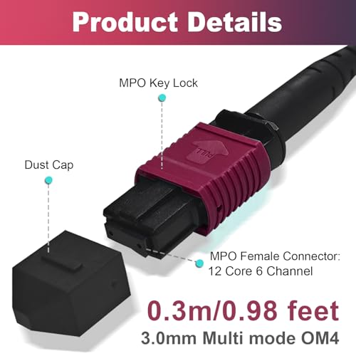 Image of GwliUni 2Pcs 0.3m MPO Fiber Optic Patch Cord, OM4 Multi-Mode Cable Jumper Plug, Female to Female, 12 Core 6 Channel Type B, PC end face, LSZH 3.0mm, Compatible with 8 Core 4 Channel MPO