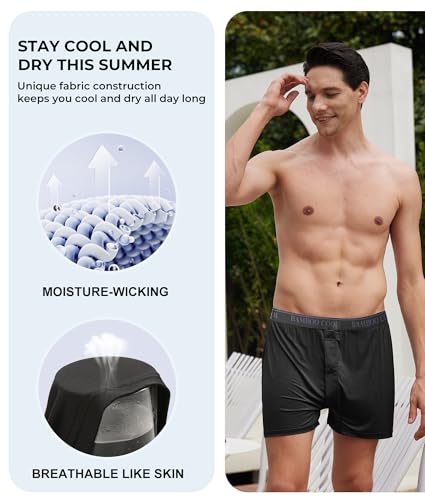 BAMBOO COOL Men's Silky Boxer Shorts,Soft and Breathable,Knit Underwear with Button Fly Pajamas Sleep Shorts 3 Pack3