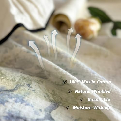 VM VOUGEMARKET Romantic Ruffle Duvet Cover Queen Breathable Muslin Cotton Wash Painting Style Duvet Cover Soft Linen Like Gauze Bedding Set-Queen Size