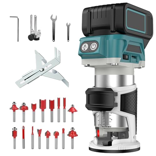 Akku Oberfräse Kompatibel mit Makita 18V Akku, 800W Akku Kantenfräse mit 16 Stück 1/4" Fräser Set, Bürstenloser Kantenfräser Tragbarer Handfräser dür Holzbearbeitung (Ohne Akku)