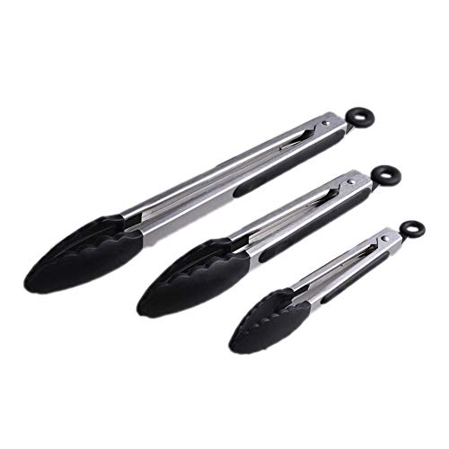 Küchenzangen von Smithcraft, 3-teiliges Set aus 304-Edelstahl und Silikon, 18 cm, 23 cm, 30 cm, sehr robust, für Salate und zum Grillen, mit Silikon-Spitzen, schwarz und rot 7inch+9inch+12inch Schwarz Cover