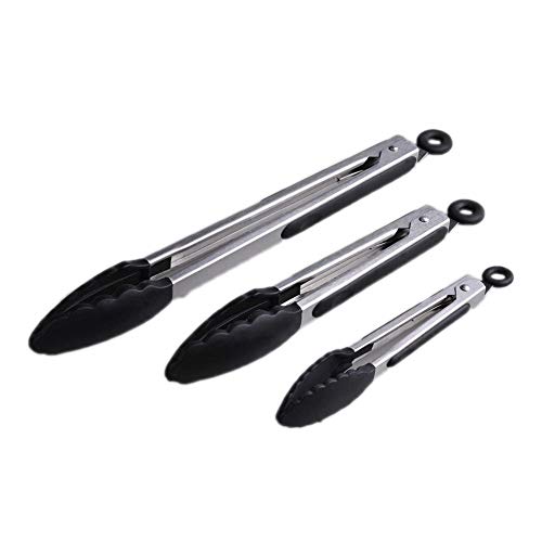 Smithcraft - Juego de 3 pinzas de cocina de acero inoxidable 18 8 (304), 17,8, 22,8, 30,5 cm, resistentes para ensalada y parrilla, con puntas de silicona 7 , 9  & 12  negro