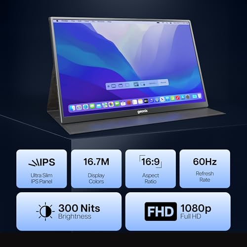 Image of GEONIX 16.1 inch Portable Monitor Full HD 1080p IPS Display, 300 Nits, Ultra Slim with Foldable Cover Stand, USB-C & Mini HDMI, Dual Speakers for Laptop, Phone, Tablet, Projector (Black)