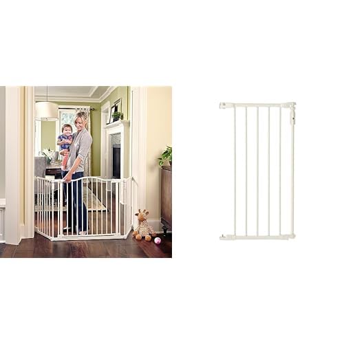 Toddleroo by North States 72” Wide Deluxe Décor Gate with 15" Extension Bundle: Perfect Safety Solution for Extra Wide Spaces. Hardware Mount. Fits 38.3-87” Wide. (30" Tall, Warm White)